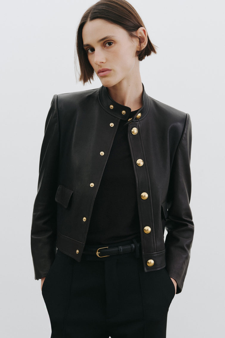 Model wearing Nili Lotan Hadley Leather Cropped Jacket front view