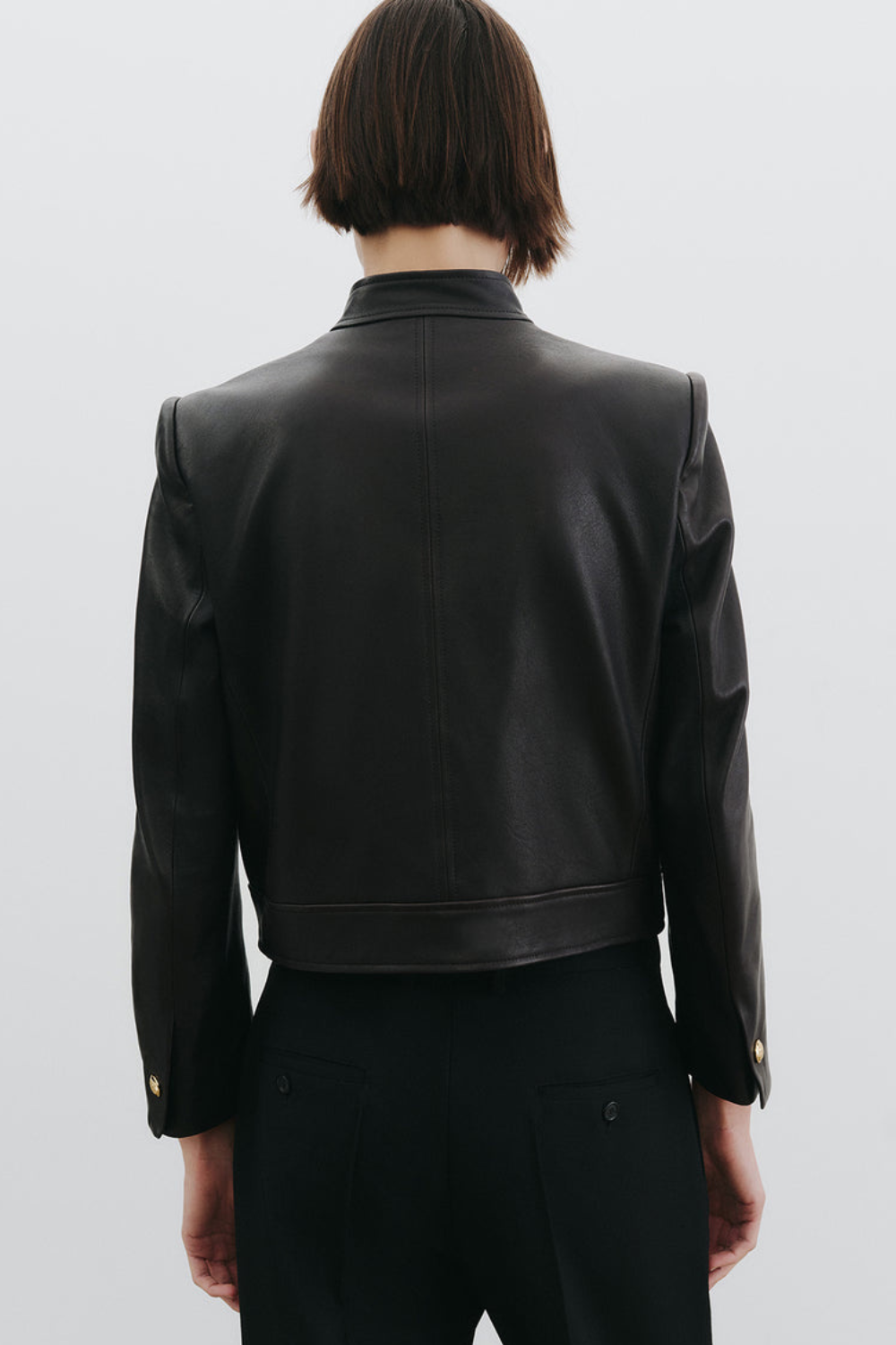 Model wearing Nili Lotan Hadley Leather Cropped Jacket rear view