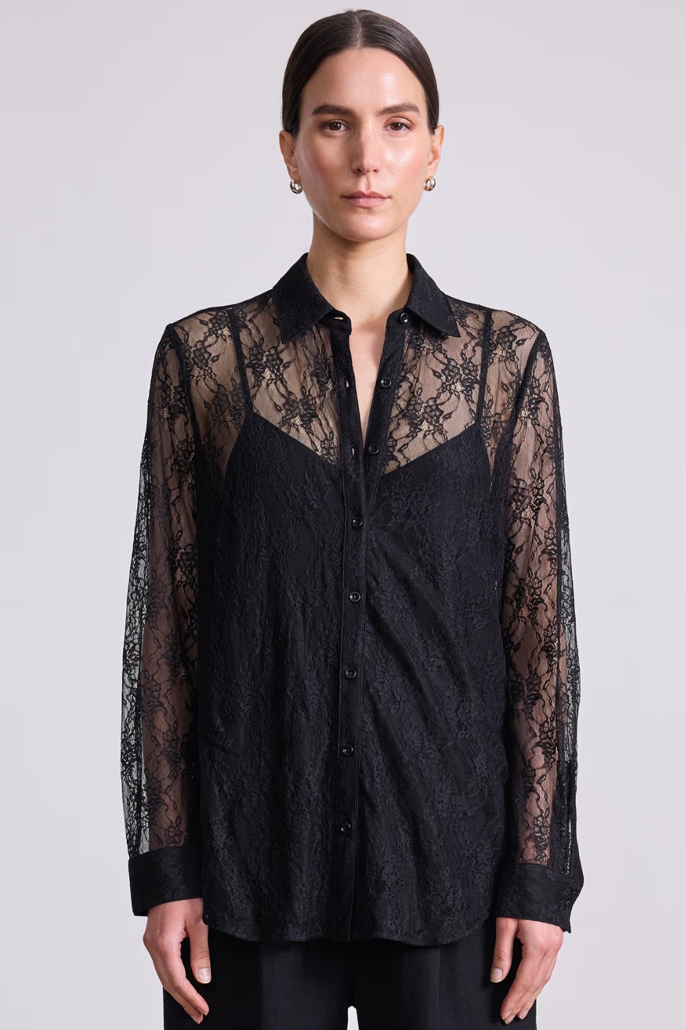 Model wearing Apiece Apart Alva Button Up front view