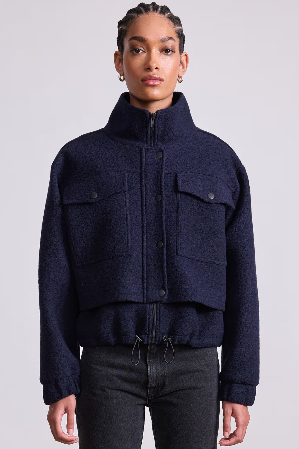 Model wearing Apiece Apart Selva Cropped Bomber front view