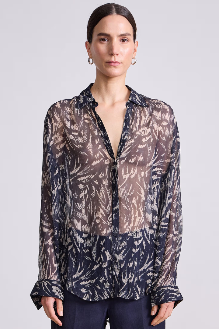 Model wearing Apiece Apart Alva Button Up front view