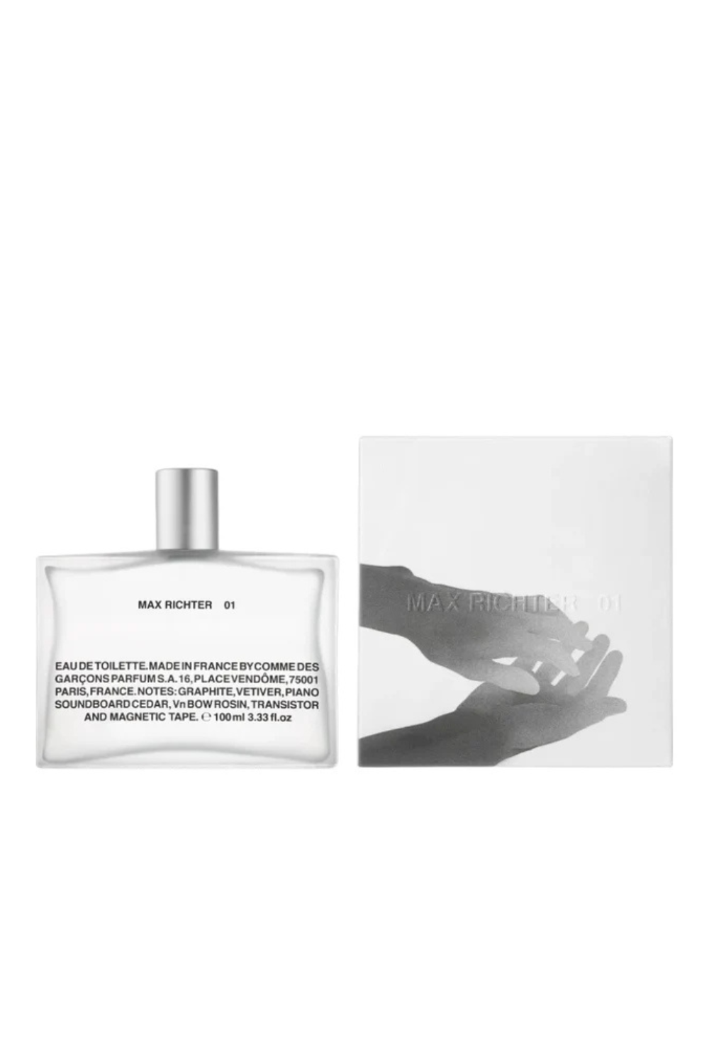 Flat lay of Comme des Garçons EDT 100ml Max Richter 01 and box front view