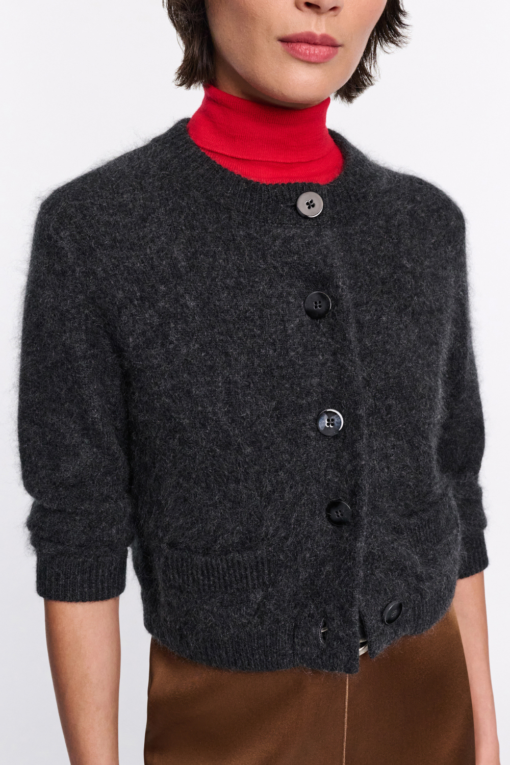 Model wearing Dorothee Schumacher Fluffy Statements Cardigan front view