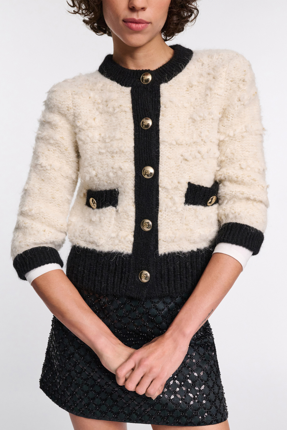 Model wearing Dorothee Schumacher Delightful Sparkle Cardigan front view