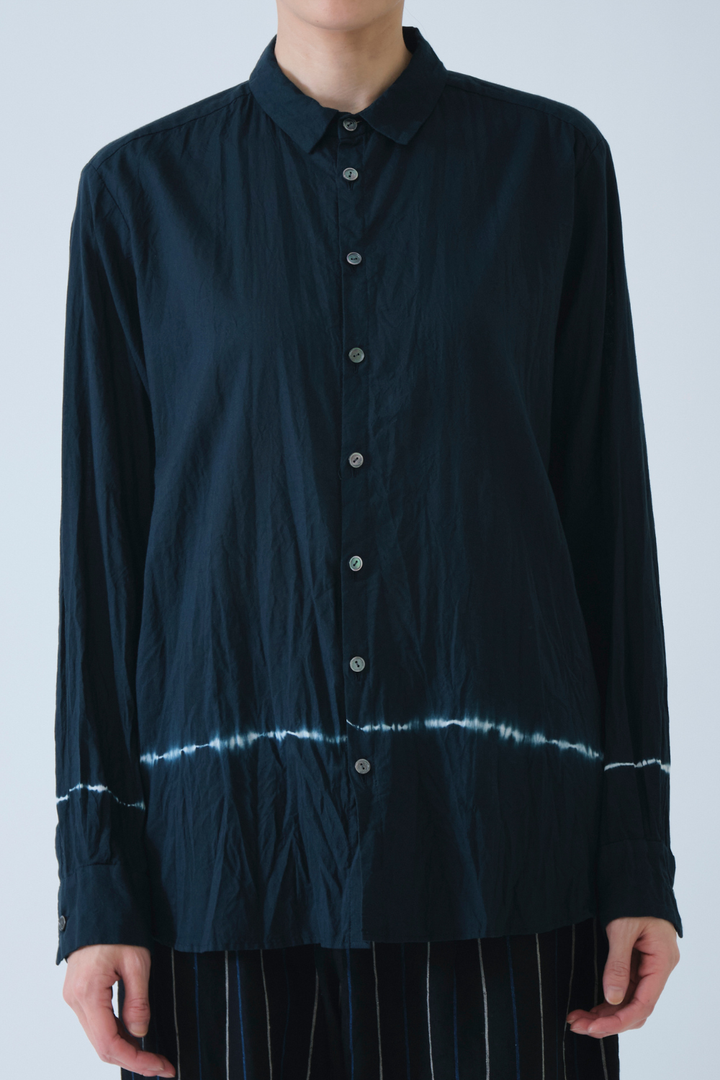 Model wearing Pas de Calais Soft Voile Crinkle Yarn Dye Blouse front view