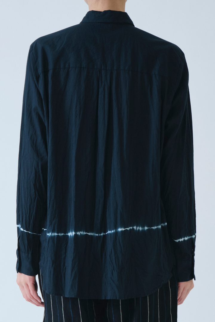 Model wearing Pas de Calais Soft Voile Crinkle Yarn Dye Blouse rear view