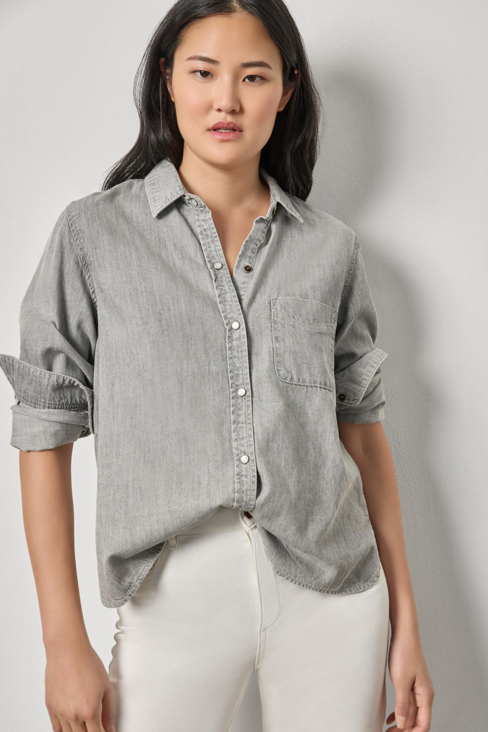 Model wearing Lilla P Denim Button Down front view
