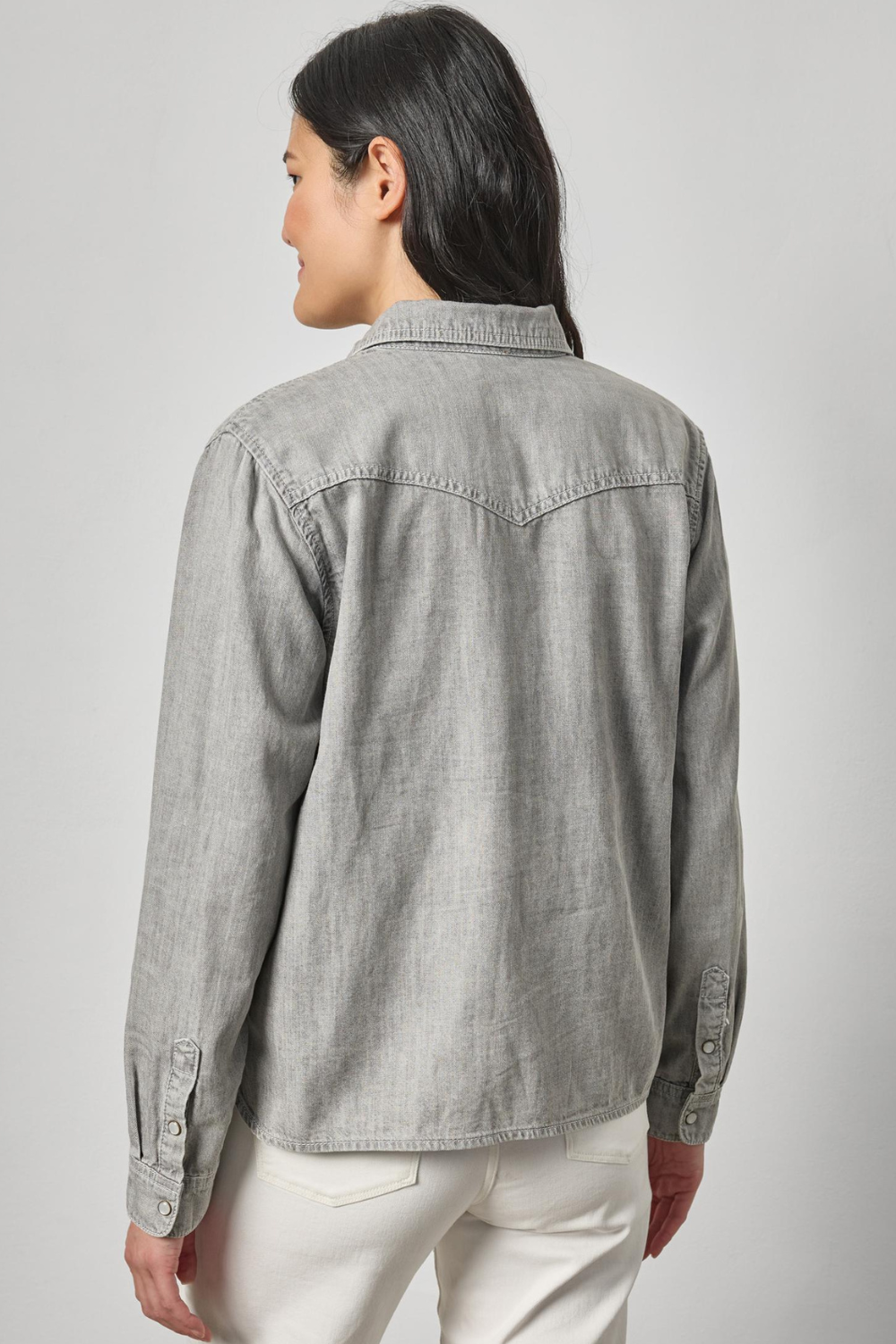 Model wearing Lilla P Denim Button Down rear view