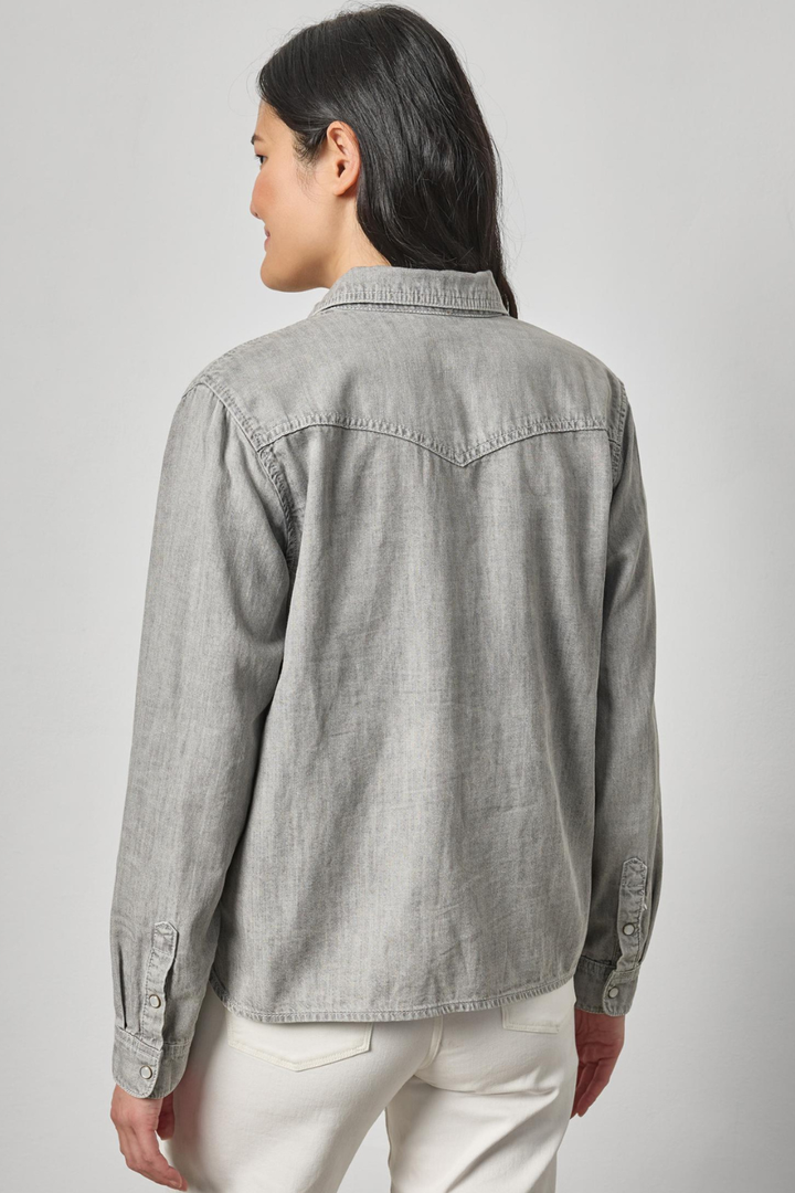 Model wearing Lilla P Denim Button Down rear view