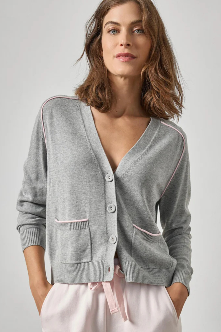 Model wearing Lilla P Saddle Sleeve V Neck Cardigan front view