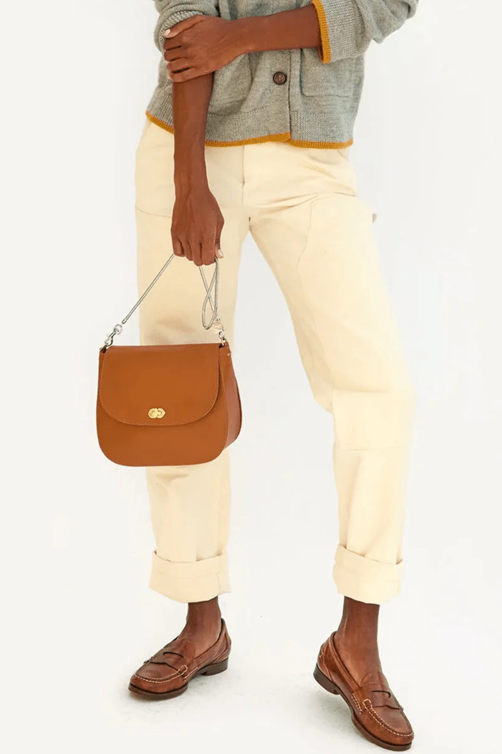 Model wearing Clare V. Snake Chain Shoulder Strap front view