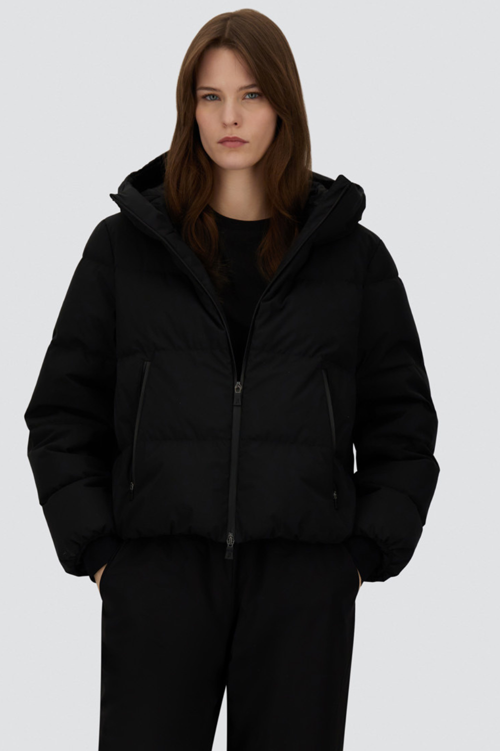 Model wearing Herno Short Hooded Puffer Coat front view