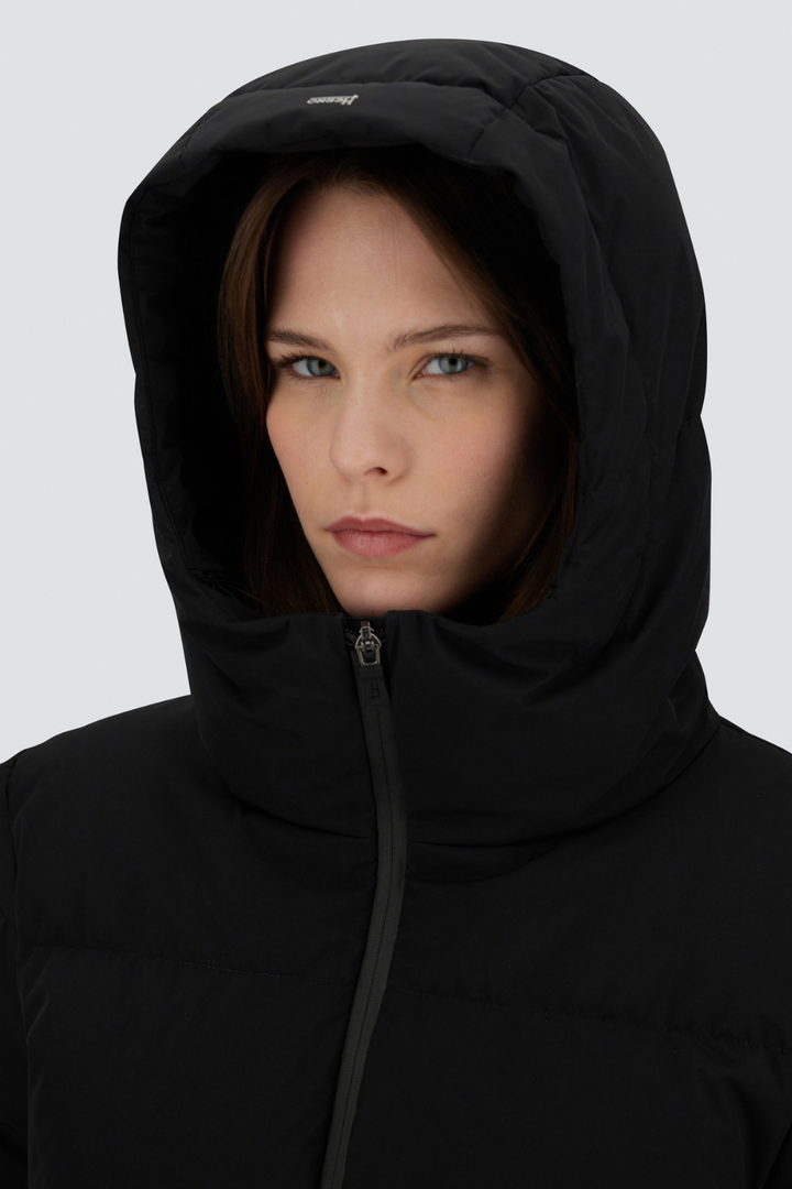 Model wearing Herno Short Hooded Puffer Coat front/ hood view