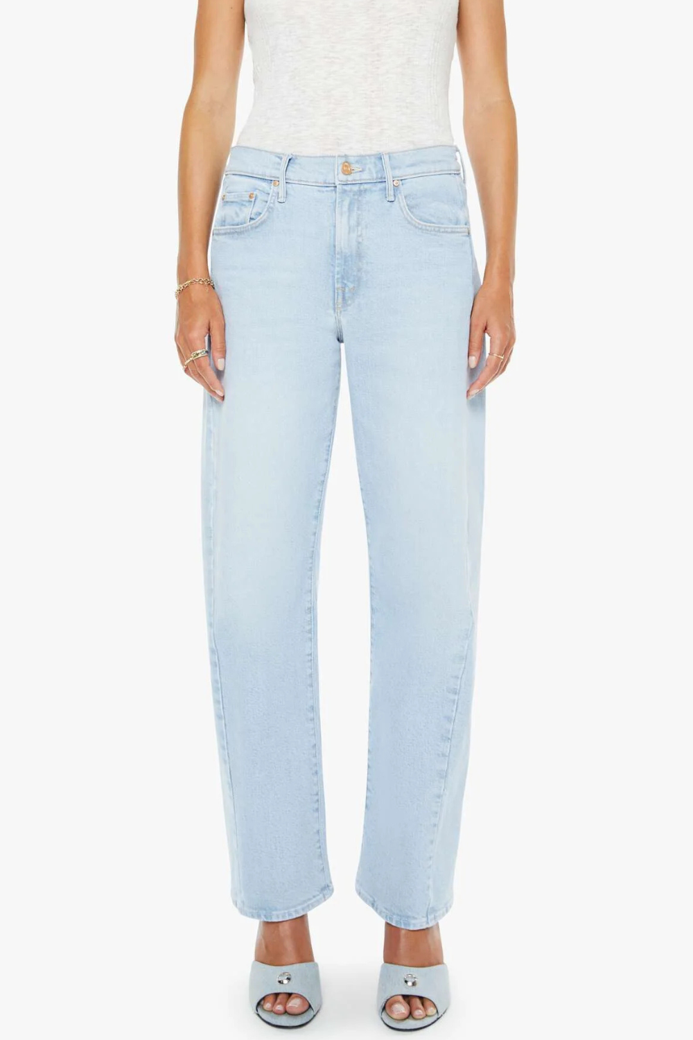 Model wearing Mother Denim The Mid Rise Half Pipe Hover front view