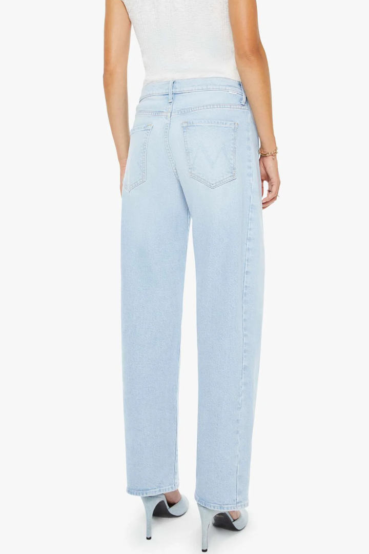 Model wearing Mother Denim The Mid Rise Half Pipe Hover rear view