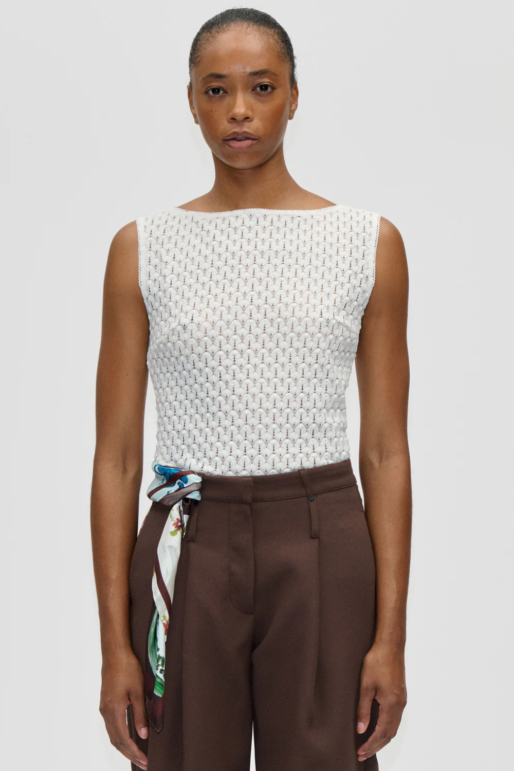 Model wearing Stine Goya Crochet Lace Boatneck Tank Top front view