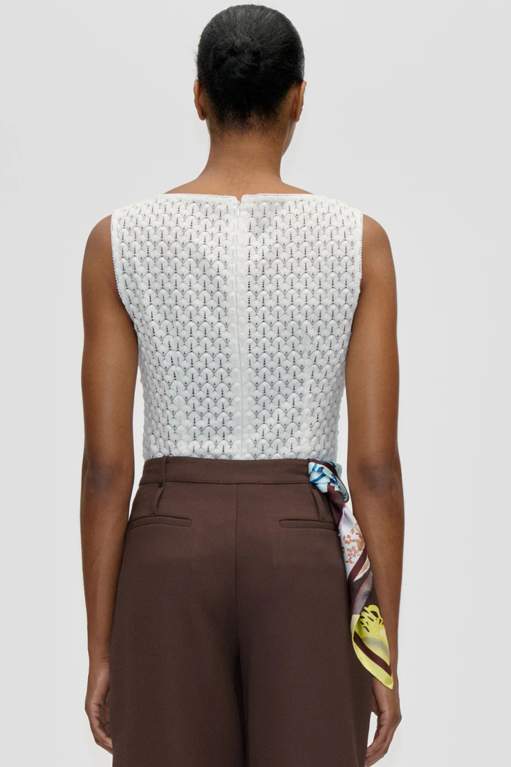 Model wearing Stine Goya Crochet Lace Boatneck Tank Top rear view