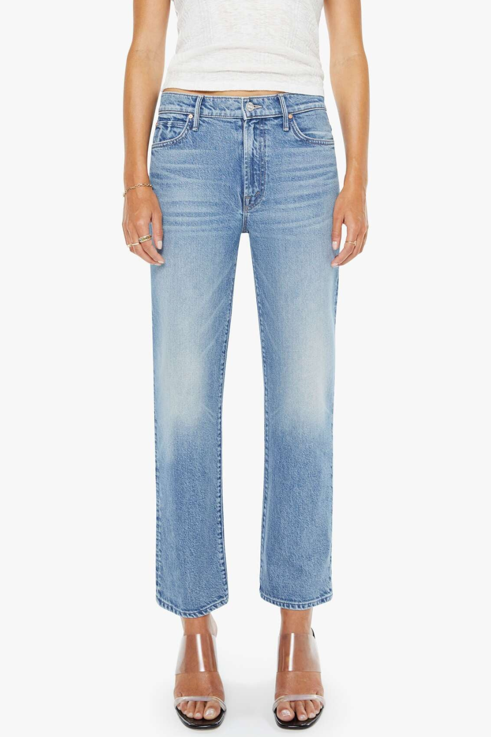 Model wearing Mother Denim The Kick It Ankle front view