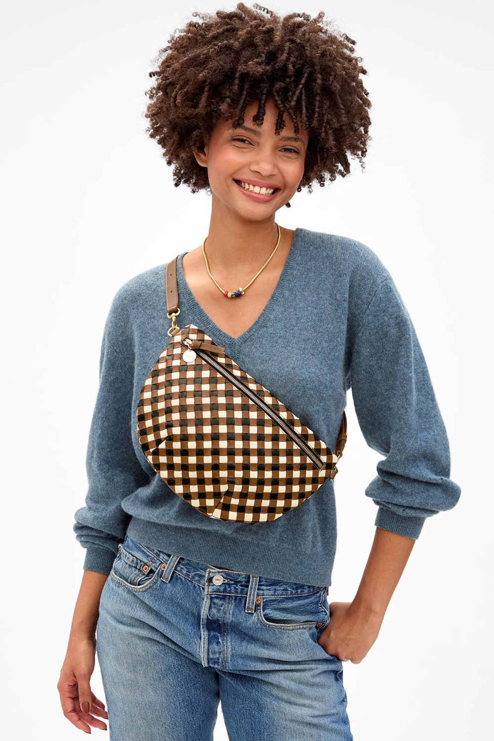 Model wearing Clare V. Grande Fanny front view