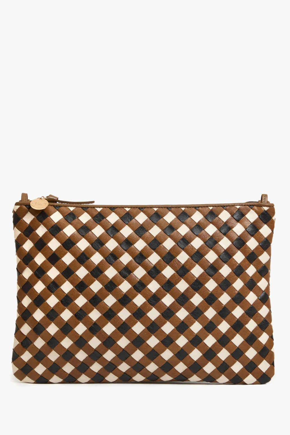 Flat lay of Clare V. Flat Clutch w/ Tabs Oat Multi Medium Woven Diagonal  front view