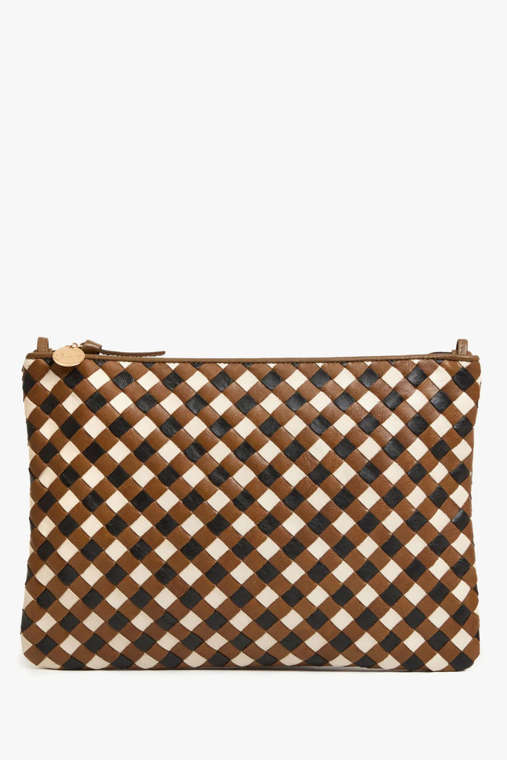 Flat lay of Clare V. Flat Clutch w/ Tabs Oat Multi Medium Woven Diagonal  front view
