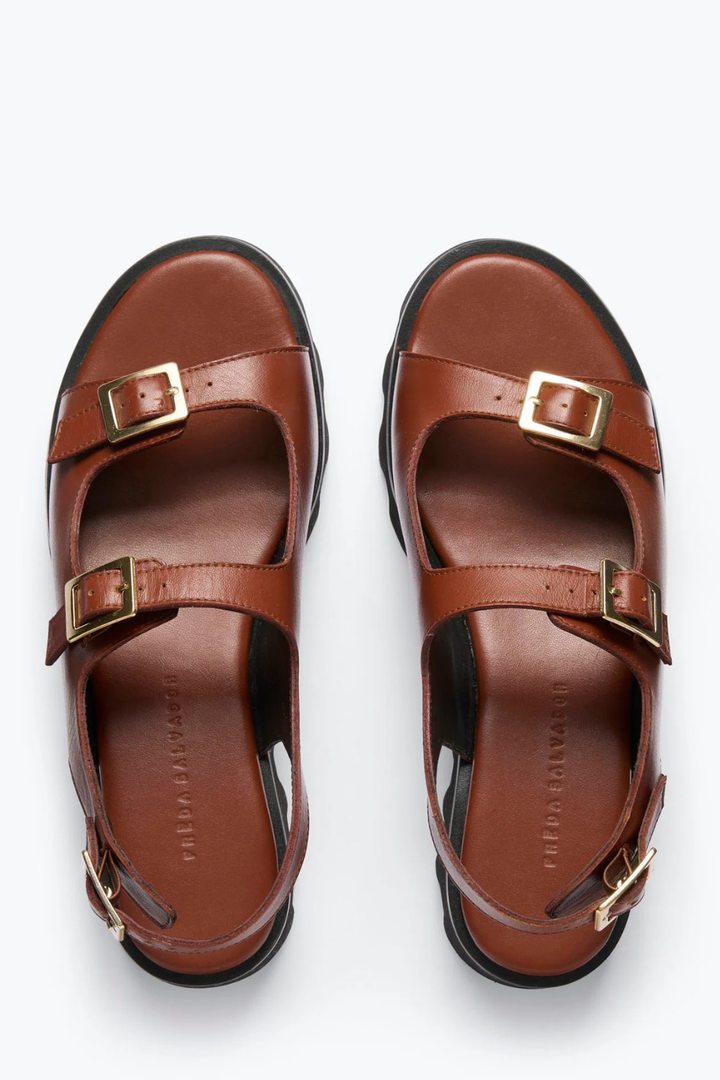 Flat lay of Frēda Salvador Mindy Lug Sole Buckle Sandal top view