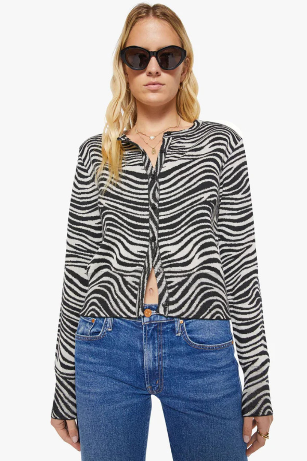 Model wearing SPRWMN Baby Cardigan front view