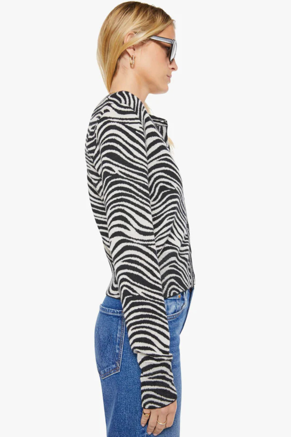 Model wearing SPRWMN Baby Cardigan side view