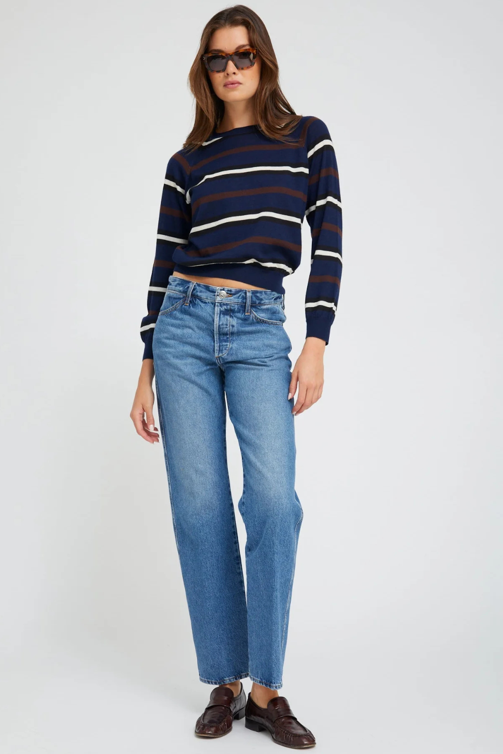 Model wearing SPRWMN Slim Boyfriend Jean front view