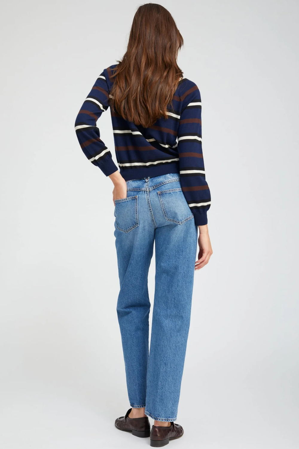 Model wearing SPRWMN Slim Boyfriend Jean rear view