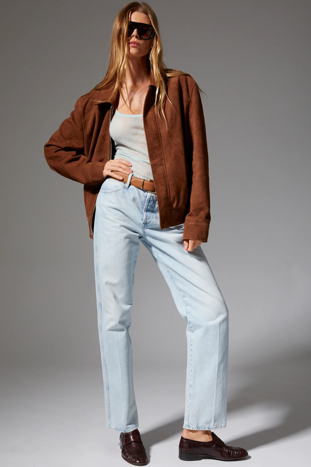 Model wearing SPRWMN Slim Boyfriend Jean front view