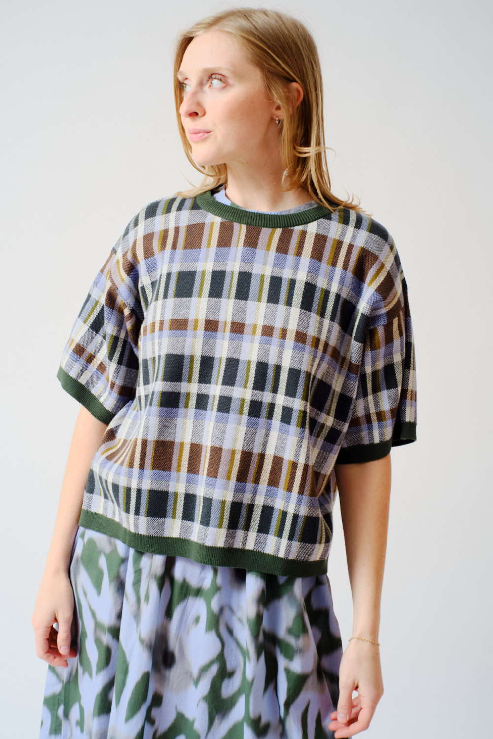 Madi wearing Kowtow Chequered Tee Forest front view