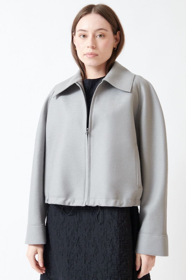 Angela wearing Harris Wharf Light Pressed Wool Raglan Drawstring Jacket front view
