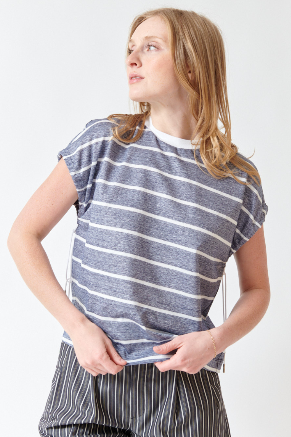 Madi wearing Peserico Striped Cotton Linen Piquet Jersey Top front view
