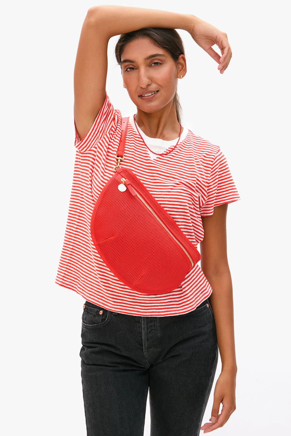 Model wearing Clare V. Grande Fanny front view