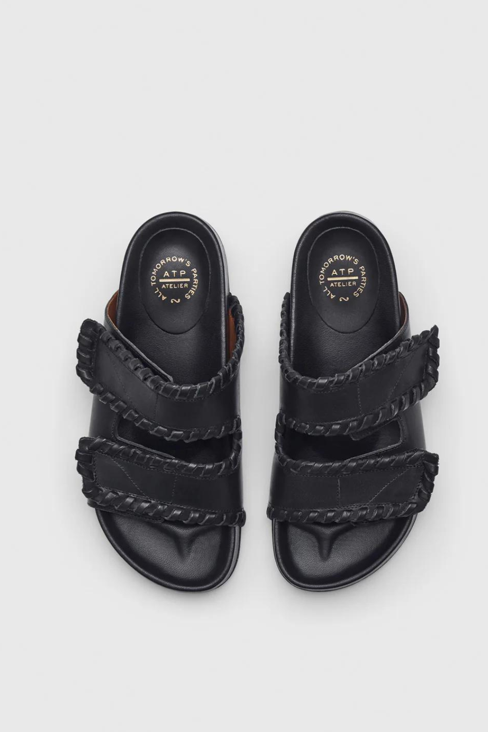 ATP All Tomorrow's Parties Furlo Stitch Black Leather Comfy Sandal top view