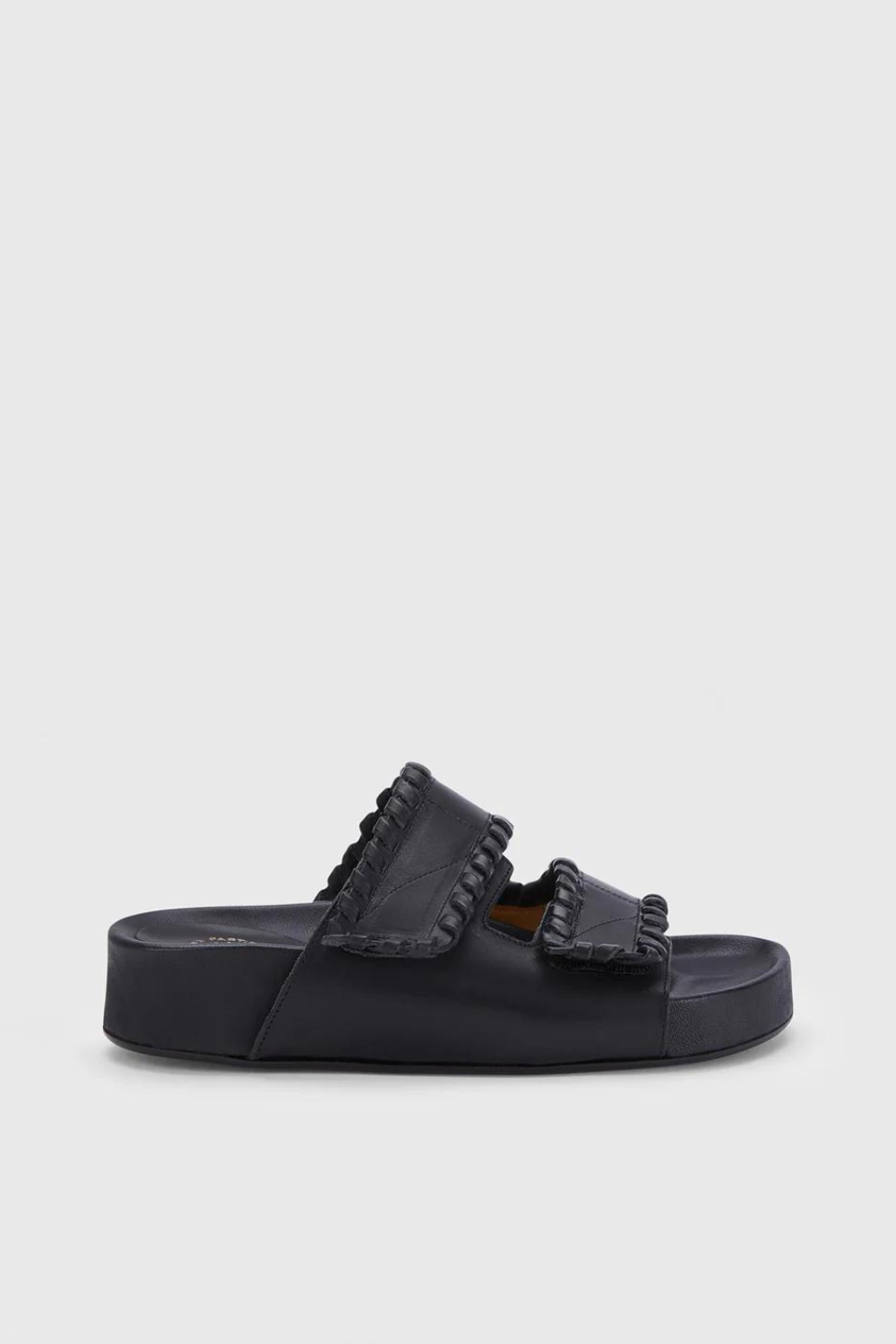 Model wearing ATP All Tomorrow's Parties Furlo Stitch Black Leather Comfy Sandal side view