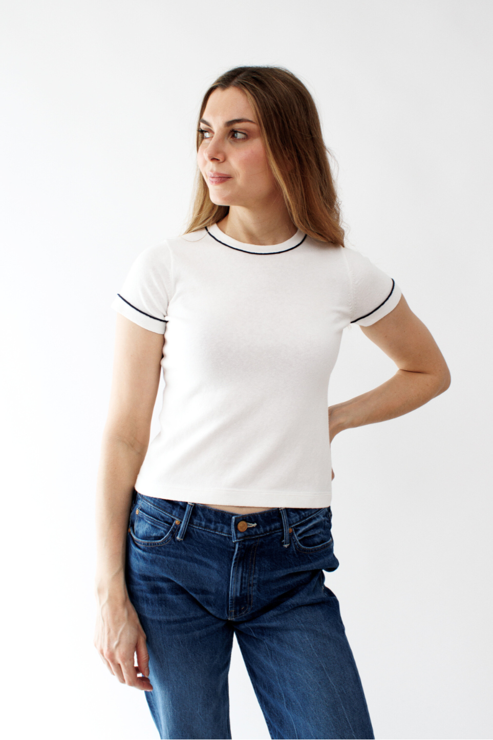 Mari wearing White + Warren Fine Cotton Blend Baby Tee front view