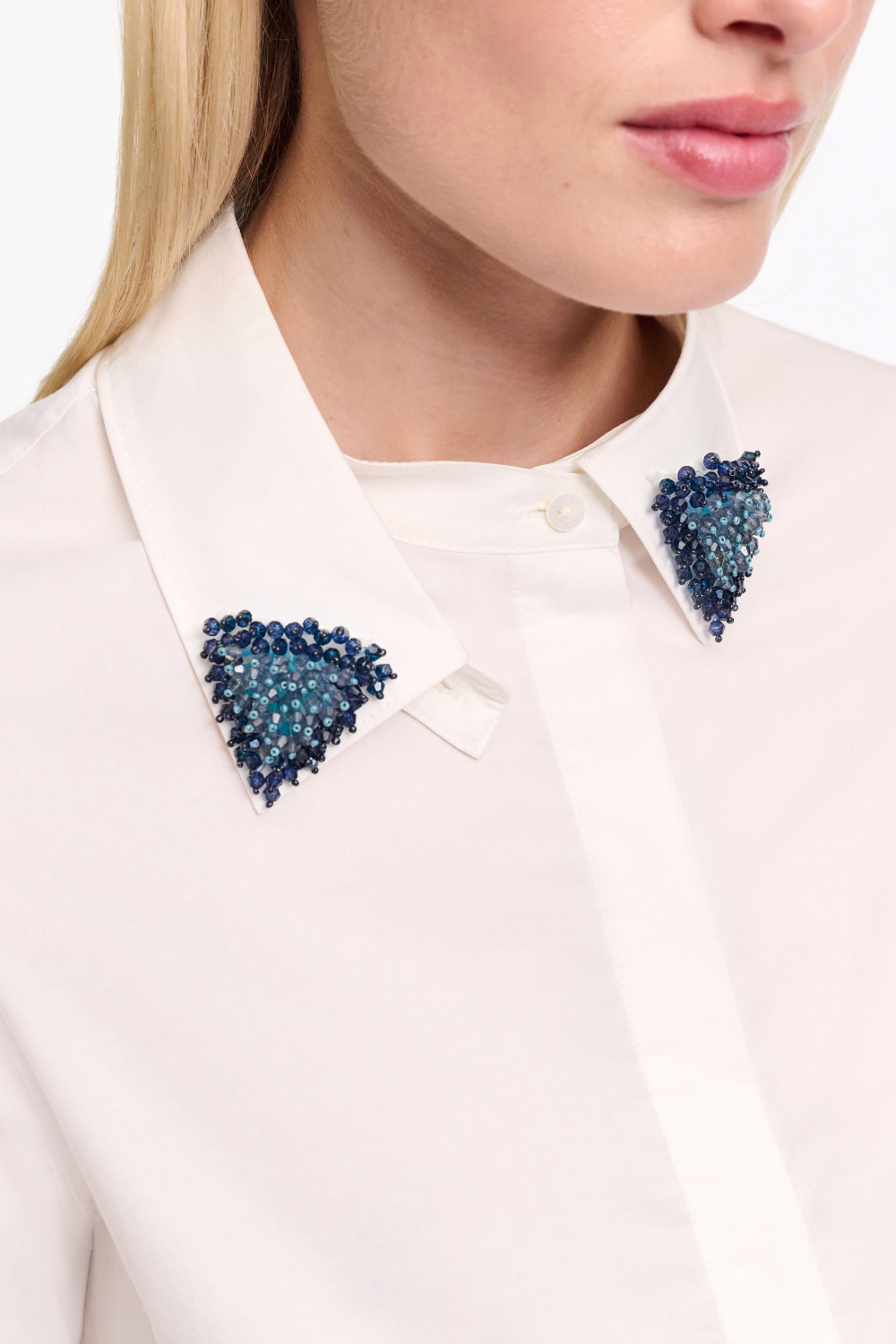 Model wearing Dorothee Schumacher Pure Power Blouse With Removable Collar front/detail view