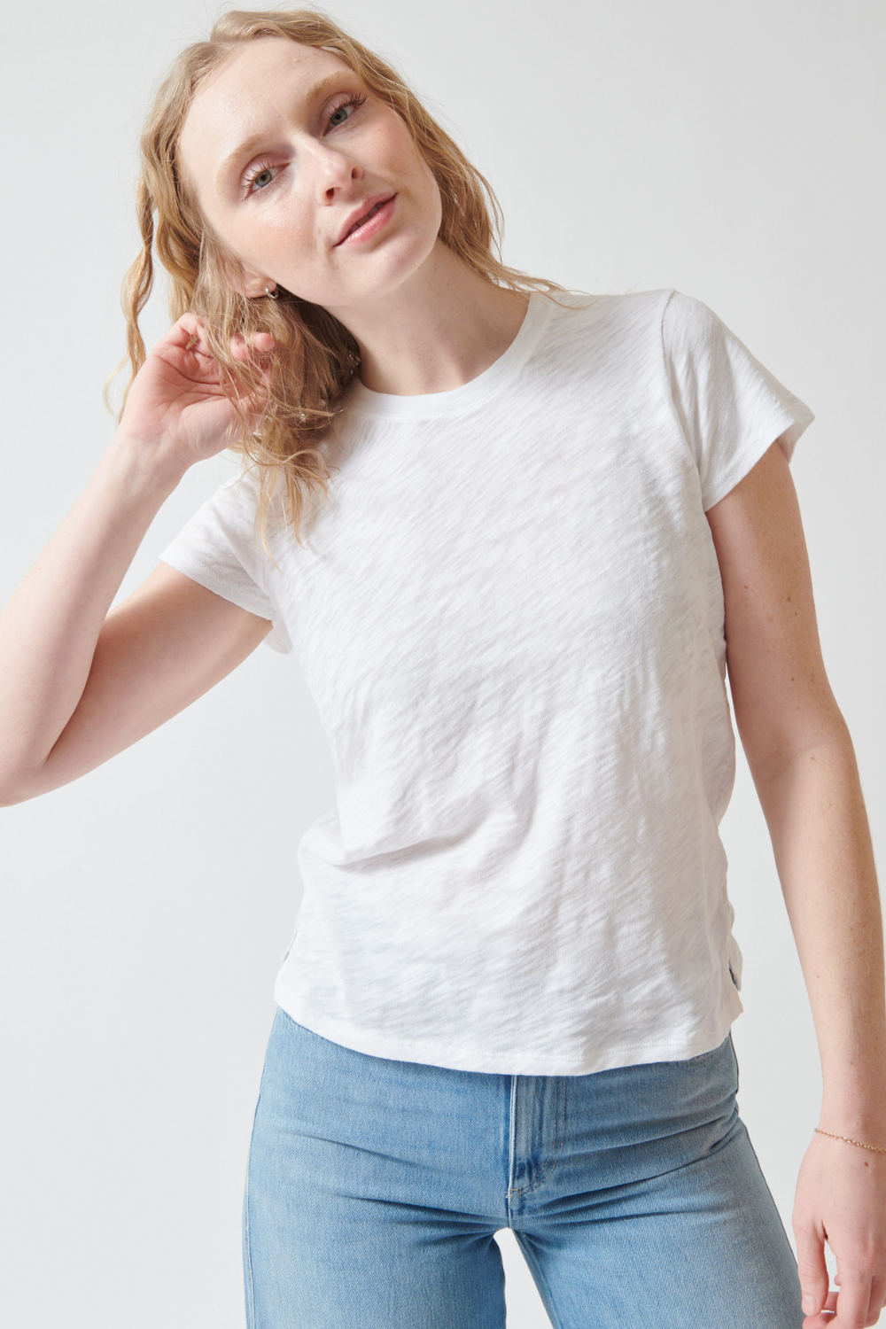 Madi wearing ATM Anthony Thomas Melillo School Boy Crewneck Tee front view