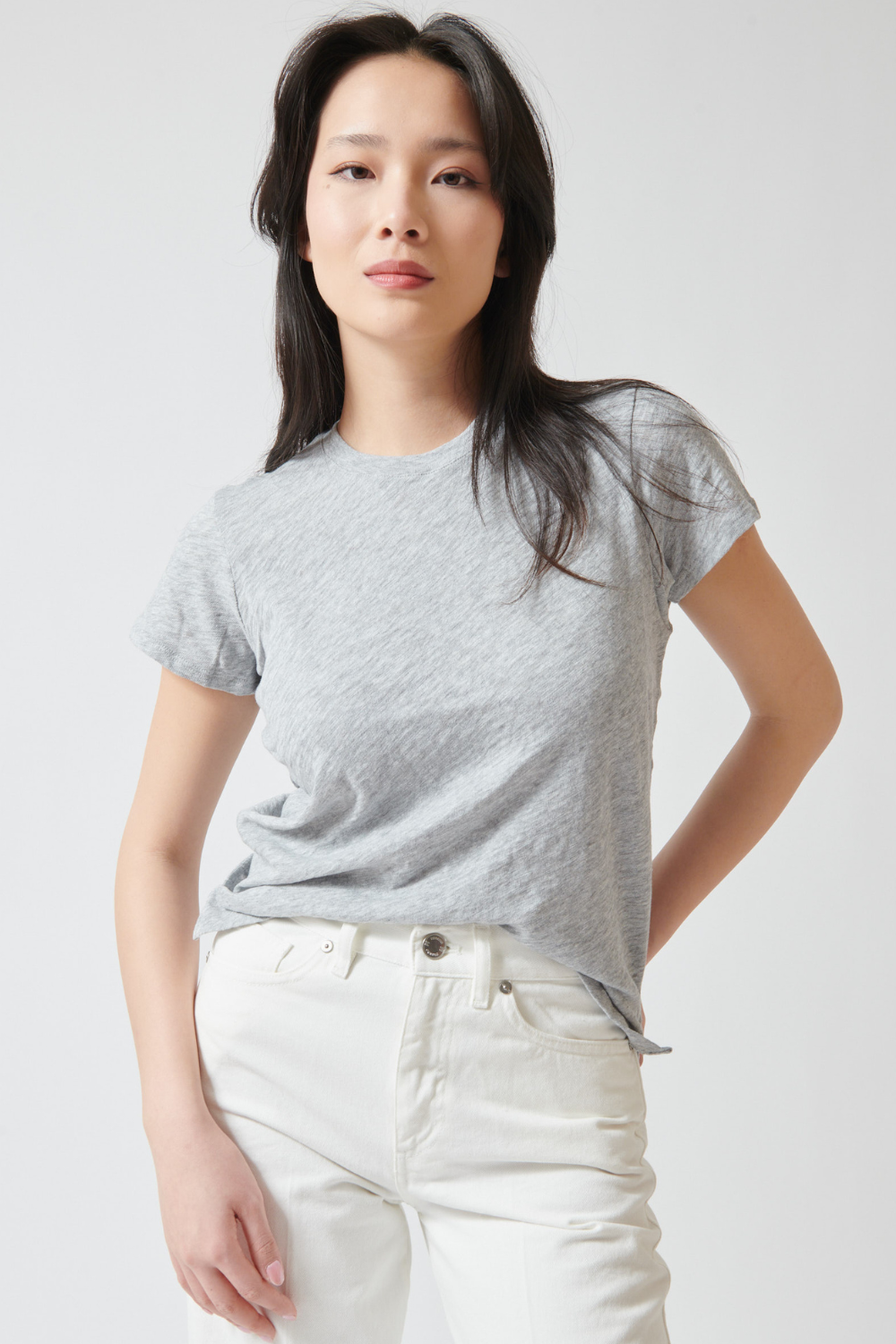 Lilly wearing ATM Anthony Thomas Melillo School Boy Crewneck Tee front view