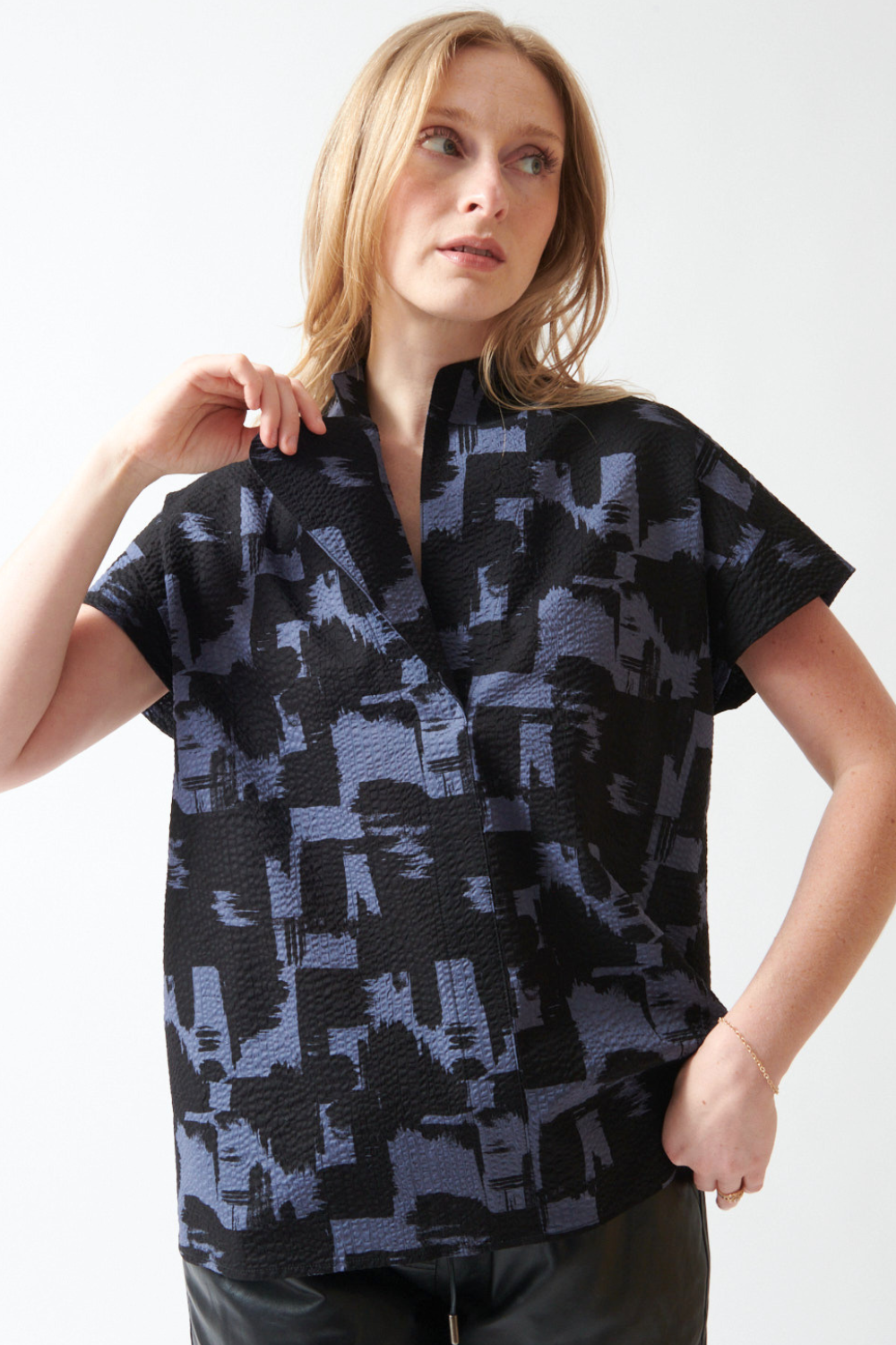 Madi wearing Zero + Maria Cornejo Ripple Brushstroke Adi Top front view