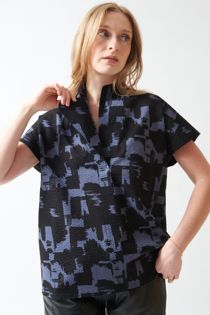 Madi wearing Zero + Maria Cornejo Ripple Brushstroke Adi Top front view