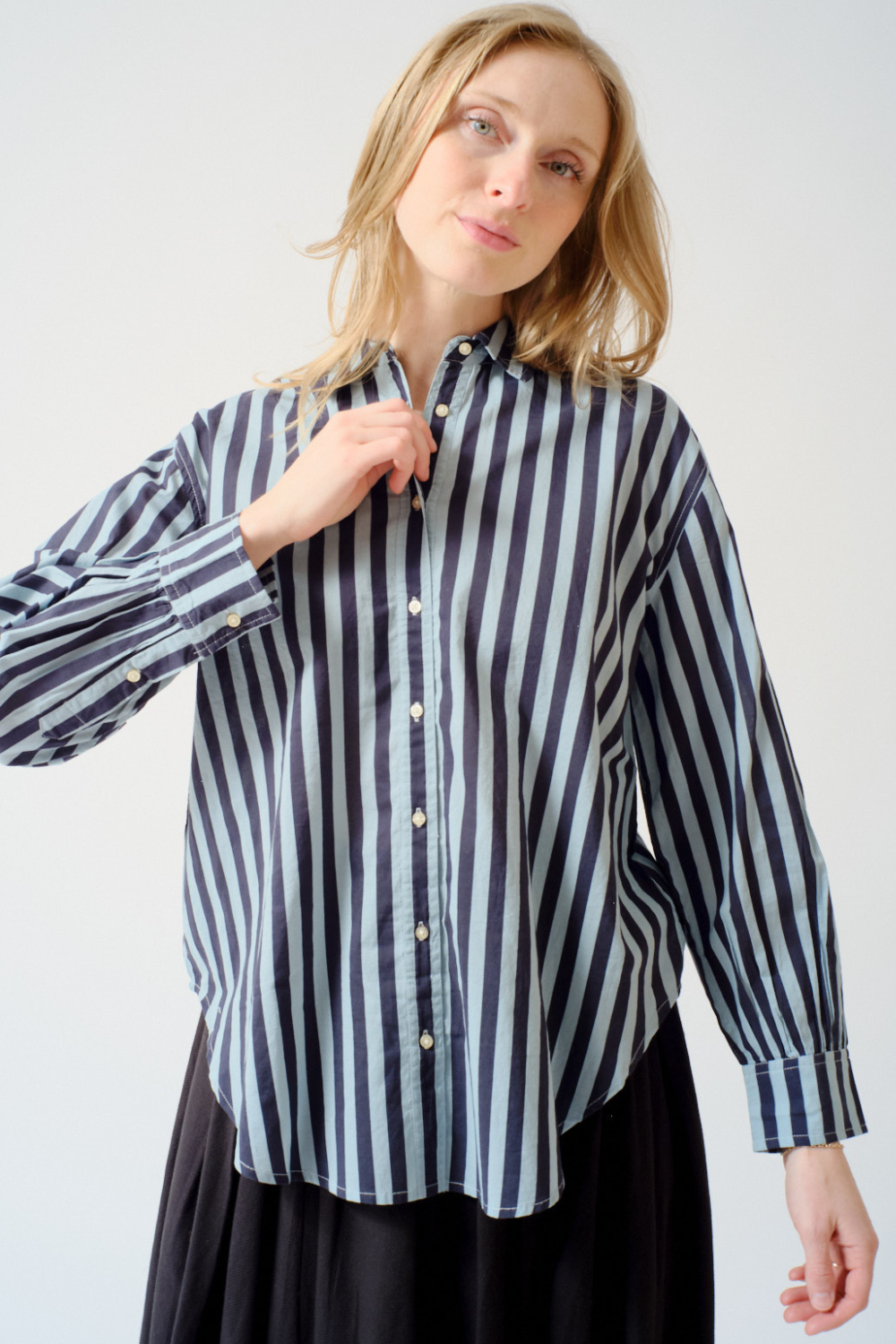 Madi wearing The Great The Daily Button Up front view