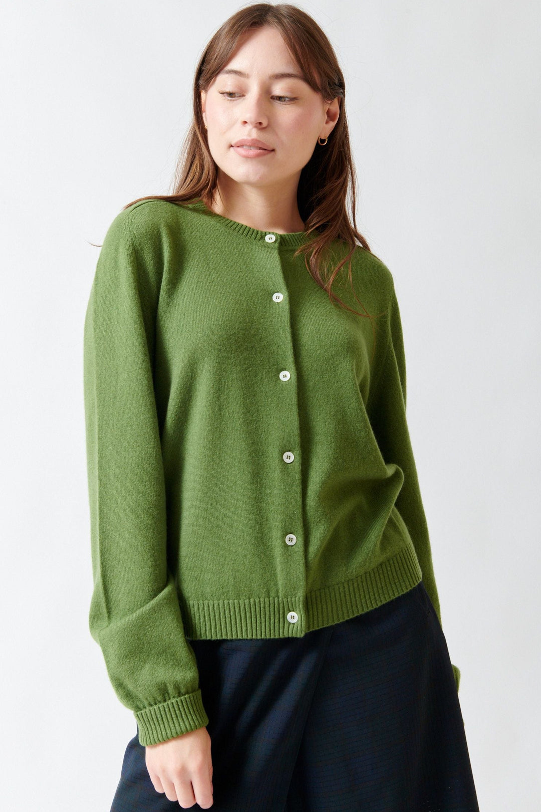 Angela wearing 6397 Crew Cardigan front view
