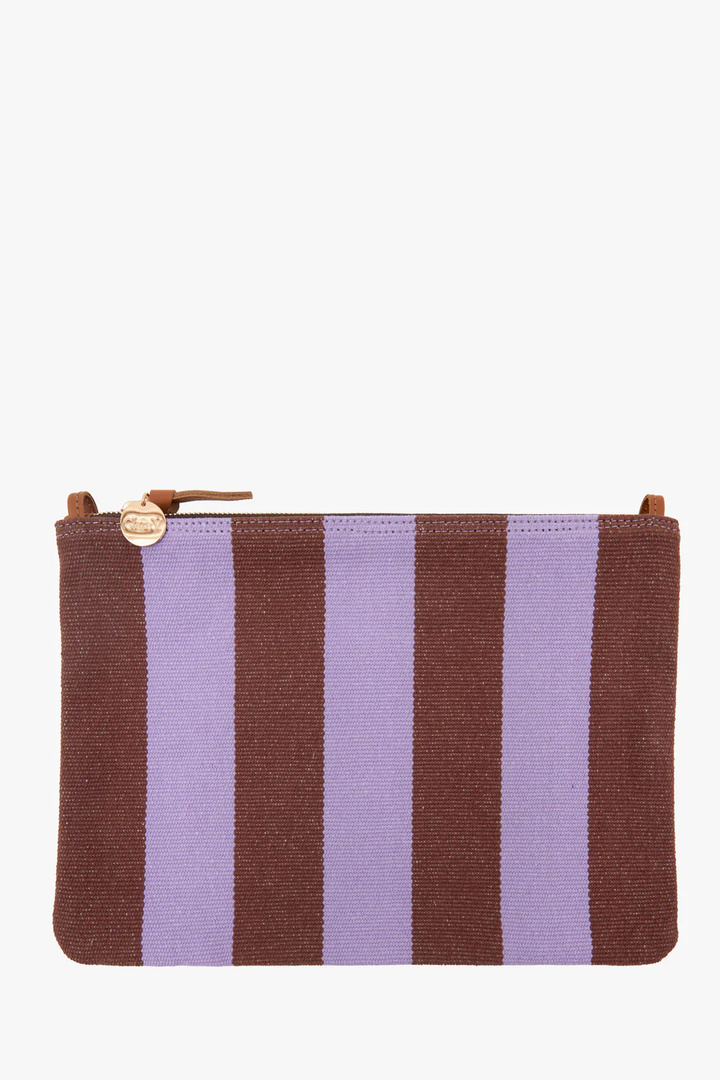 Flat lay of Clare V. Flat Clutch w/ Tabs Jacaranda Hazelnut Canvas Stripe front view