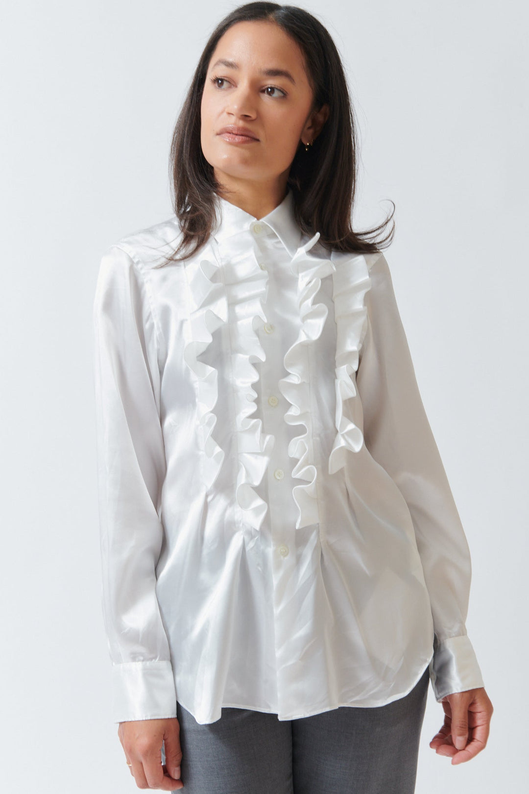 Amanda wearing Comme des Garçons I Do Blouse front view