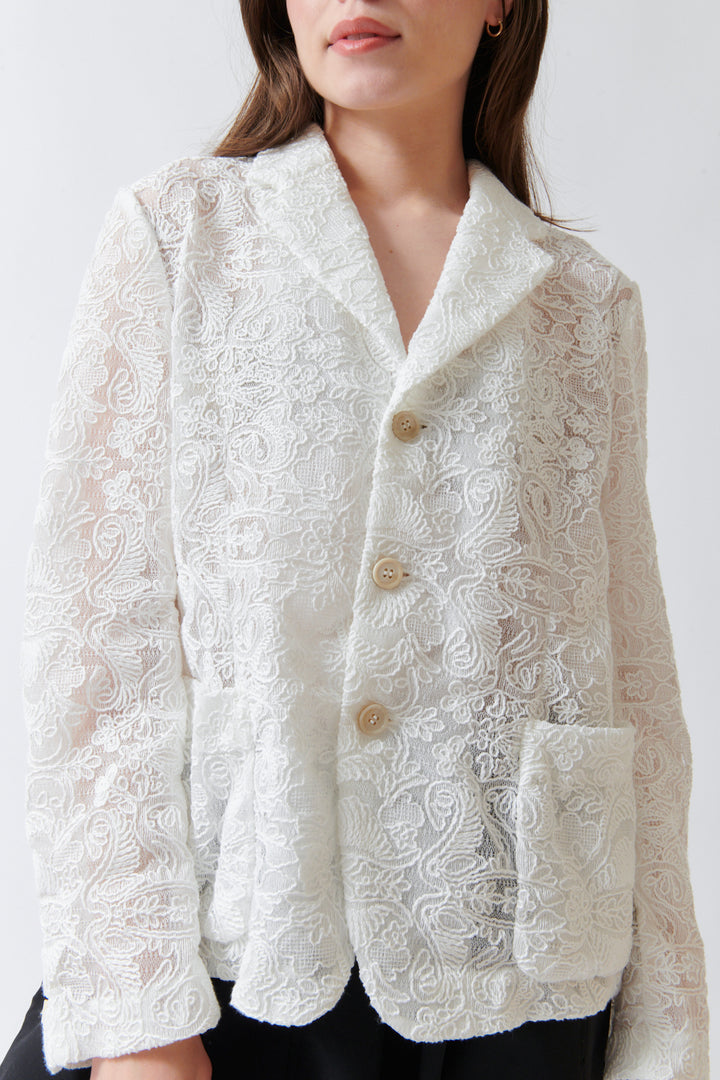 Angela wearing Comme des Garçons I Do Jacket front/detail view