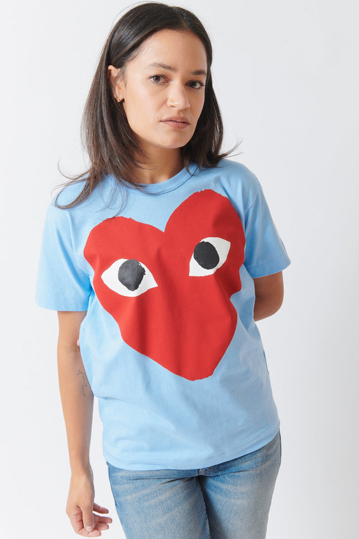 Amanda wearing Comme des Garçons PLAY Logo Print T Shirt Blue front view