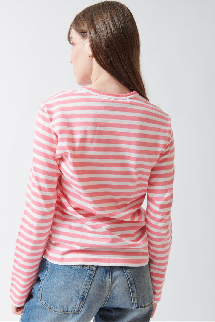 Angela wearing Comme des Garçons PLAY Red Emblem Long Sleeve Striped T Shirt Pink rear view